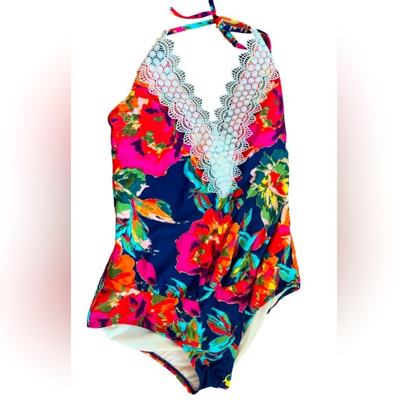 Floral Lace Trim One Piece Swimsuit - Multicolor - Picture 2 of 7